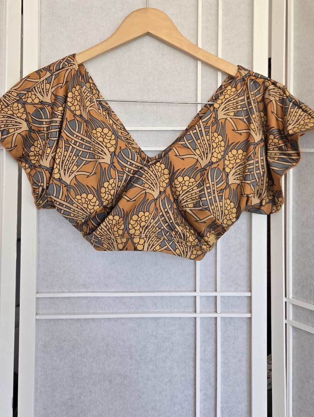 Albion Mustard and Gray Floral V-Neck Swim Crop Top